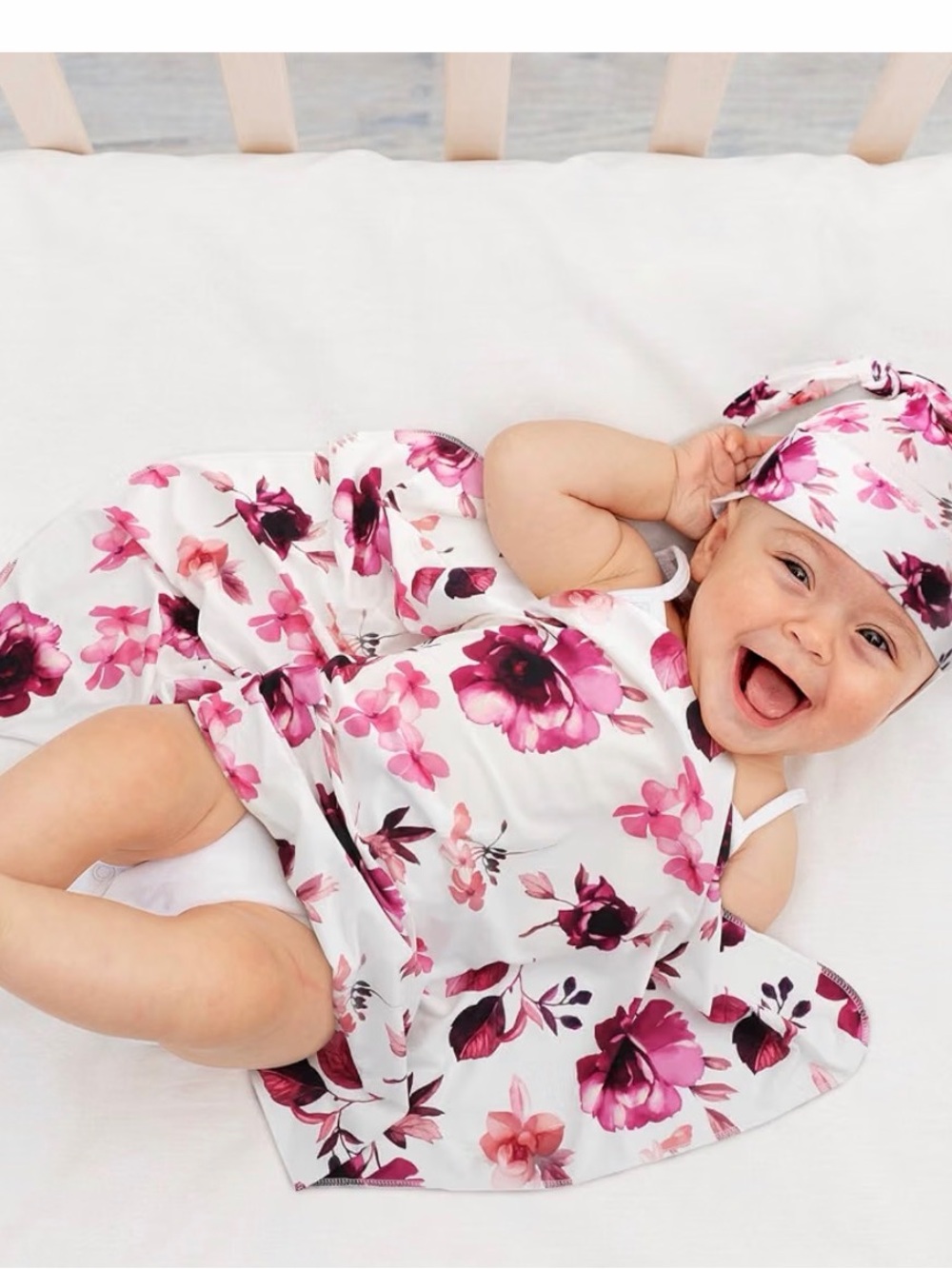 Pink Floral Baby Matching Hat & Swaddle Set